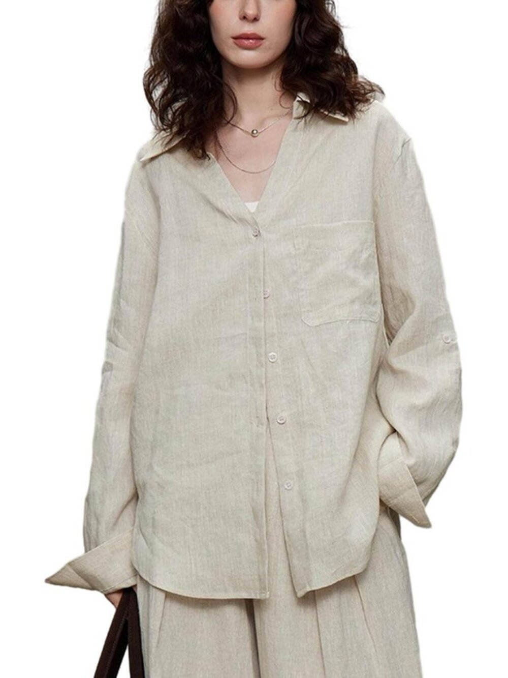 Linen Button Down Shirt for Women - Roll Up Long Sleeve Casual Beach Blouse